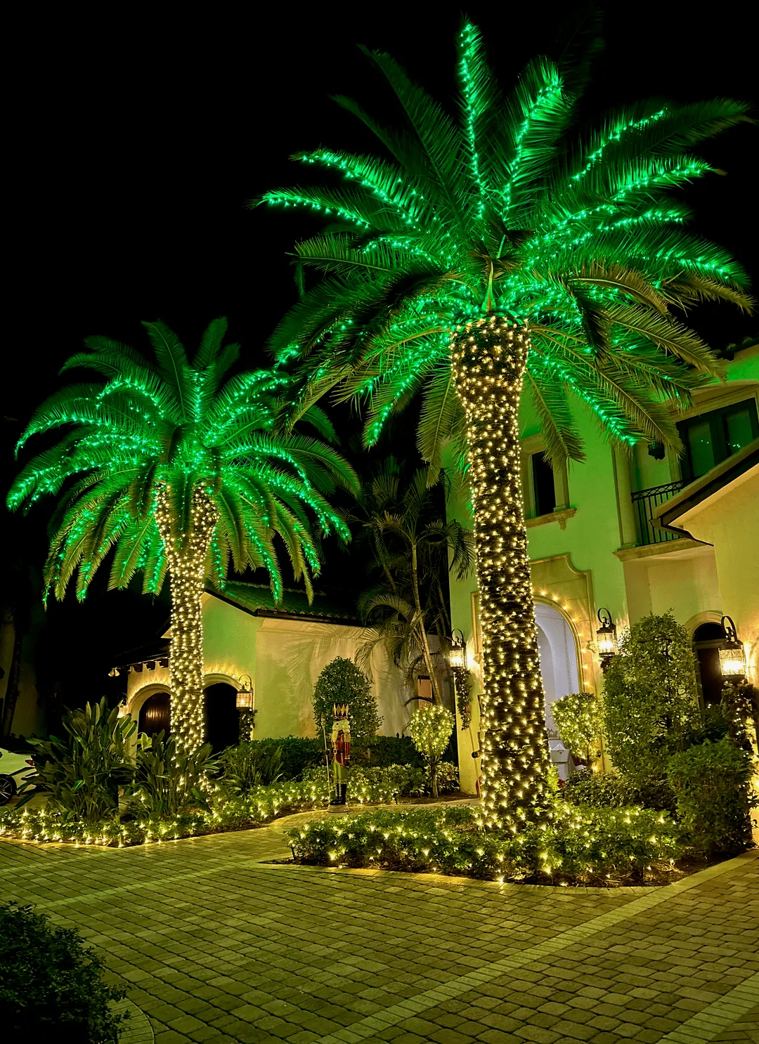 Two palm trees with green-lit canopies and warm white wrapped trunks framing a lit walkway to a home